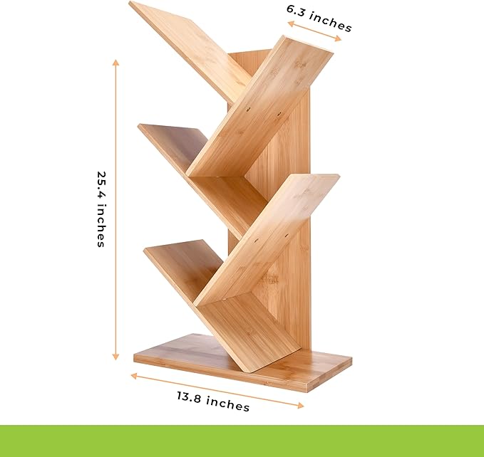 Prosumers Choice Wooden Bookshelf Storage Rack 25.4 x13.8 x 6.3in - 4Tier Bamboo Shelf to Maximize Vertical Space - Cool Tree Bookshelf - Unique Bookshelves - Vinyl organizer, Plants, and Decorations - LeafyLoom