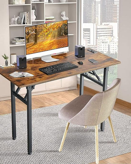 TEMI Folding Desk with USB & Socket 31.5", Computer Desk with Outlet for Home Office, Folding Table for Bedroom, Office Desk for Small Space, Small Desk with Black Frame, Rustic Brown - LeafyLoom