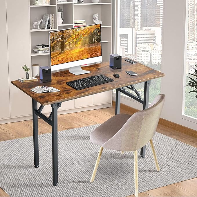 TEMI Folding Desk with USB & Socket 31.5", Computer Desk with Outlet for Home Office, Folding Table for Bedroom, Office Desk for Small Space, Small Desk with Black Frame, Rustic Brown - LeafyLoom