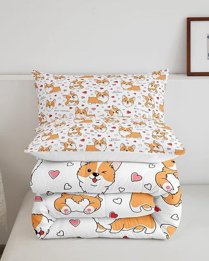 Feelyou Kids Kawaii Corgi Comforter Set Toddler Cute Dog All Season Down Comforter Boys Girls Cartoon Puppy Dog Bedding Set Lovely Animal Quilt Set Room Decor 2Pcs with 1 Pillow Case Twin Size - LeafyLoom