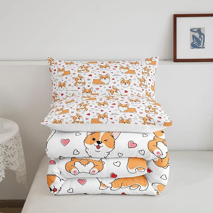 Feelyou Kids Kawaii Corgi Comforter Set Toddler Cute Dog All Season Down Comforter Boys Girls Cartoon Puppy Dog Bedding Set Lovely Animal Quilt Set Room Decor 2Pcs with 1 Pillow Case Twin Size - LeafyLoom