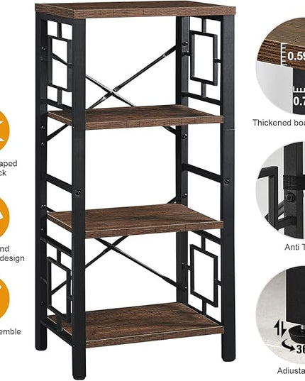 Bookshelf, Vintage Industrial 4 Tier Bookshelf, Freestanding Narrow Bookcase with Rustic Wood and Metal, Small Bookshelf for Home Office, Bedroom & Living Room, Retro Brown - LeafyLoom