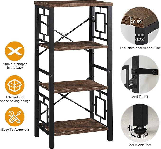 Bookshelf, Vintage Industrial 4 Tier Bookshelf, Freestanding Narrow Bookcase with Rustic Wood and Metal, Small Bookshelf for Home Office, Bedroom & Living Room, Retro Brown - LeafyLoom