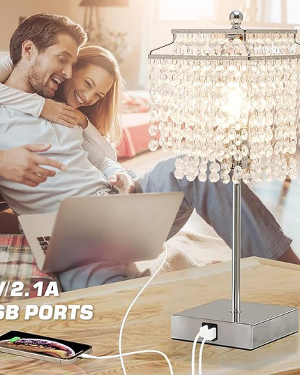 Luvkczc Crystal Table Lamp with Touch Control Set of 2, USB Bedside Crystal Table Lamp with USB C+A Ports, 3-Way Dimmable Lamp with Crystal Shade for Bedroom, Living Room, 6W LED Bulb Included - LeafyLoom