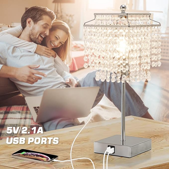 Luvkczc Crystal Table Lamp with Touch Control Set of 2, USB Bedside Crystal Table Lamp with USB C+A Ports, 3-Way Dimmable Lamp with Crystal Shade for Bedroom, Living Room, 6W LED Bulb Included - LeafyLoom