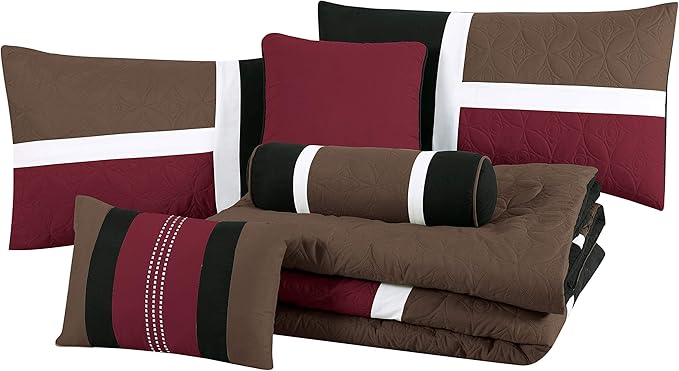 Chezmoi Collection Upland 7-Piece Quilted Patchwork Comforter Set, Burgundy/Black/Brown, King - LeafyLoom
