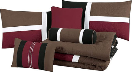 Chezmoi Collection Upland 7-Piece Quilted Patchwork Comforter Set, Burgundy/Black/Brown, Queen - LeafyLoom