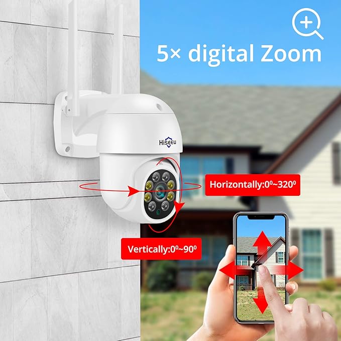 Hiseeu 5MP 360° Pan Tilt Camera WiFi Security Camera Outdoor Motion Tracking Floodlights Light Alarm,Color Night Vision,PC&Mobile Remote View,Two-Way Audio Security Camera Hiseeu