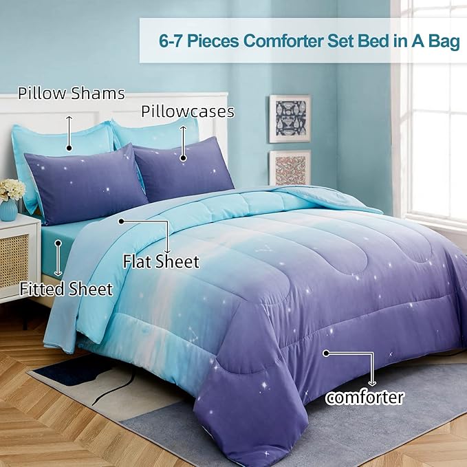 Girls Comforter Set Full Size Colorful Ombre Blue Purple Rainbow Bedding Set Bed in A Bag for Kid Teen Girls 7 Pieces (1 Comforter, 1 Flat Sheet, 1 Fitted Sheet, 2 Pillow shams, 2 Pillowcases) - LeafyLoom
