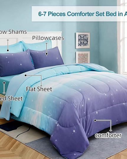 Girls Comforter Set Twin XL Size 6 Pieces Colorful Ombre Blue Purple Rainbow Bedding Set Bed in A Bag for Kids Teen Girls (1 Comforter, 1 Flat Sheet, 1 Fitted Sheet, 1 Pillow sham, 2 Pillowcases) - LeafyLoom