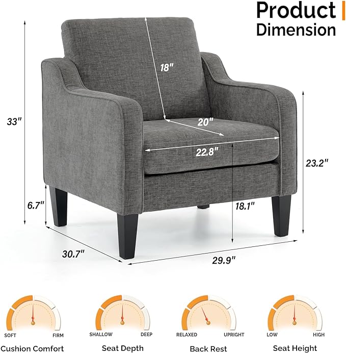 VINGLI Accent Chairs for Living Room Chairs Reading Chair Mid Century Modern Chair Soft Chenille Sofa Chair Upholstered Arm Chair Comfy Chair Side Chair (Light Grey Chenille) - LeafyLoom