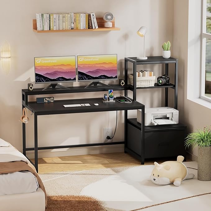 GreenForest Computer Desk with Drawer and Printer Shelf, 68.8 inch Gaming Desk with LED Lights and Power Outlets, Home Office Desk with Storage for Study Writing Working,Black - LeafyLoom