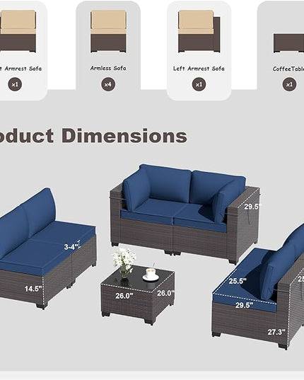 Patio Furniture Set 7-Pieces Outdoor Furniture for Backyard Wicker Sectional Sofa Set, Rattan Patio Conversation Set with Thickened Cushions and Glass Coffee Table, Navy Blue - LeafyLoom