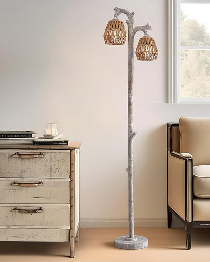 OYEARS Retro Farmhouse Rattan Floor Lamp Boho for Living Room Rustic Standing Lamps Tree Trunk Deco Modern Country Vintage Wood Grain 62" Tall Corner Floor Lamp Bedroom Office… - LeafyLoom