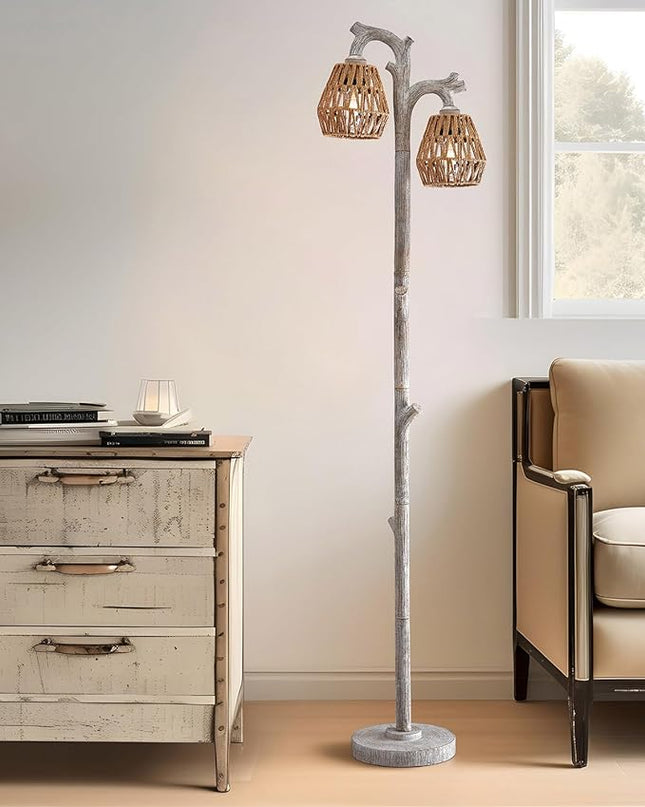 OYEARS Retro Farmhouse Rattan Floor Lamp Boho for Living Room Rustic Standing Lamps Tree Trunk Deco Modern Country Vintage Wood Grain 62" Tall Corner Floor Lamp Bedroom Office… - LeafyLoom