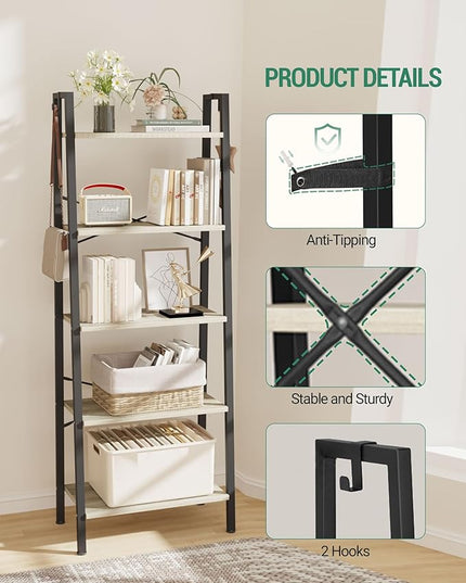 Ladder Shelf, Bookshelf Bookcase, Freestanding Corner Storage Shelve with 2 Hooks for Home Office, Living Room, Kitchen, Bedroom, Industrial, 5-Tier Greige BC19305B - LeafyLoom