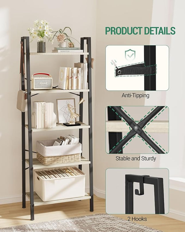 Ladder Shelf, Bookshelf Bookcase, Freestanding Corner Storage Shelve with 2 Hooks for Home Office, Living Room, Kitchen, Bedroom, Industrial, 5-Tier Greige BC19305B - LeafyLoom