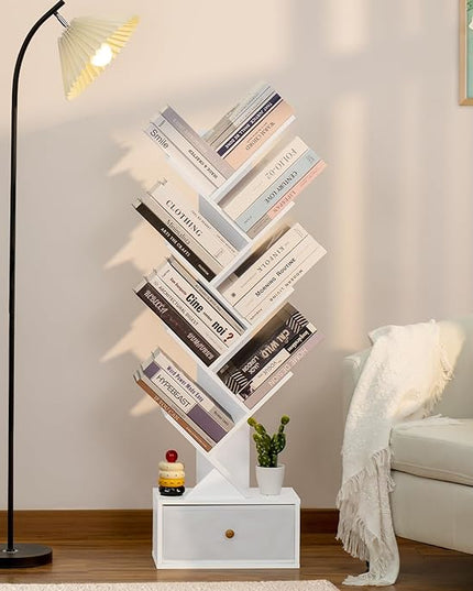 8 Tier Tree Bookshelf with Drawer, Free Standing Wood Bookcase for Living Room, Bedroom, Home Office, Space Saving Storage Organizer Bookshelves for Books, CDs, Vinyl Records- White - LeafyLoom