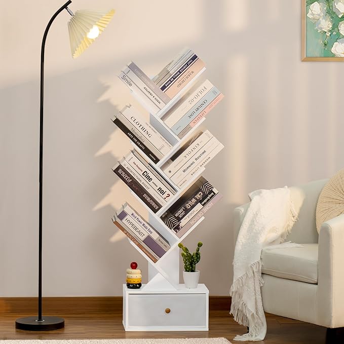 8 Tier Tree Bookshelf with Drawer, Free Standing Wood Bookcase for Living Room, Bedroom, Home Office, Space Saving Storage Organizer Bookshelves for Books, CDs, Vinyl Records- White - LeafyLoom