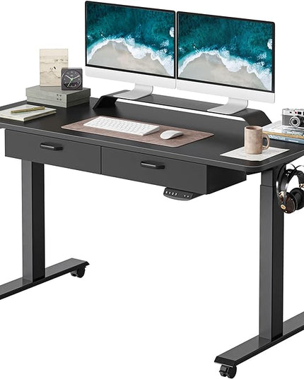 BANTI 55'' Adjustable Height Electric Standing Desk with Double Drawer, Computer Workstation Stand Up Home Office Desk with Splice Tabletop, Black Frame/Black Top - LeafyLoom
