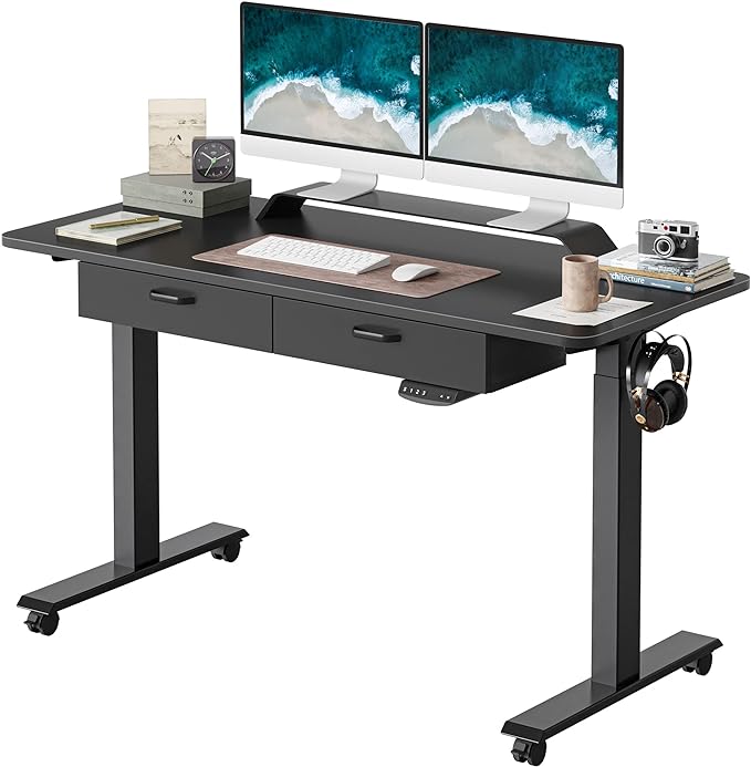 BANTI 55'' Adjustable Height Electric Standing Desk with Double Drawer, Computer Workstation Stand Up Home Office Desk with Splice Tabletop, Black Frame/Black Top - LeafyLoom