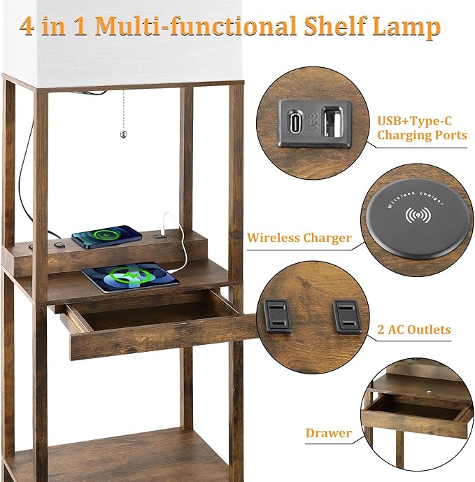 Dott Arts Floor Lamp with Shelves, wide Shelf Lamp with Wireless Charger & USB A+C Ports & 2 AC Outlets,3 Color Temperature Corner Tall Standing Floor Lamps for Living Room, Bedroom, Office (Brown) - LeafyLoom