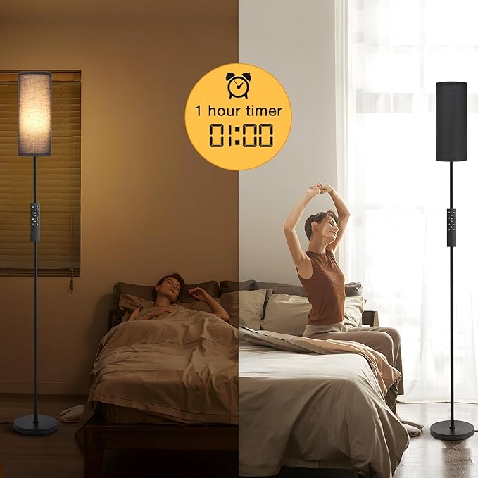 Ambimall 64'' Floor Lamps for Living Room with Remote Control and Stepless Dimmable Colors Temperature & Brightness, 9W Bulb Included(Black Lampshade & Black Pole) - LeafyLoom