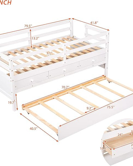 Merax Twin Modern Wood Daybed with Trundle Bed and Drawers Sofa Bed Frame for kids Boys Girls/No Box Spring Needed White - LeafyLoom