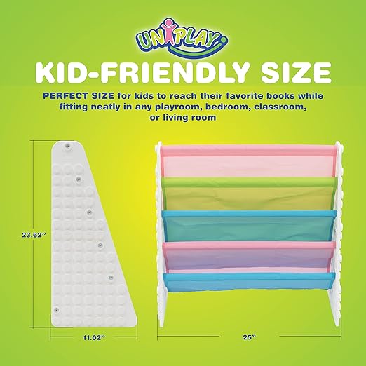 UNiPLAY Kids 4-Tier Book Storage Organizer with Sling Book Pockets, Plastic Sling Rack Bookshelf for Playroom, Fits Blocks, White/Pastel - LeafyLoom