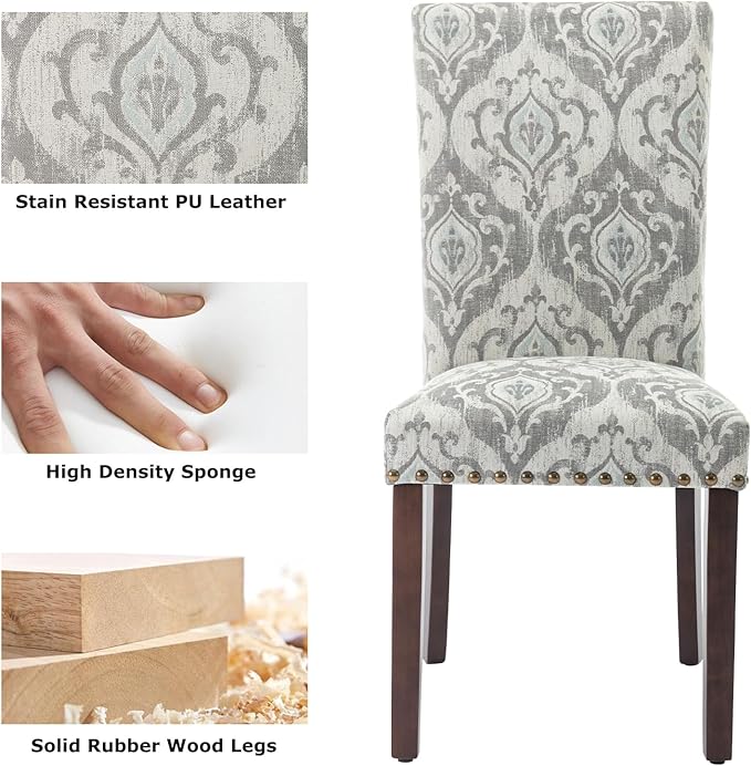 COLAMY Upholstered Parsons Dining Chairs Set of 4, Fabric Dining Room Kitchen Side Chair with Nailhead Trim and Wood Legs - Grey/White Flower - LeafyLoom