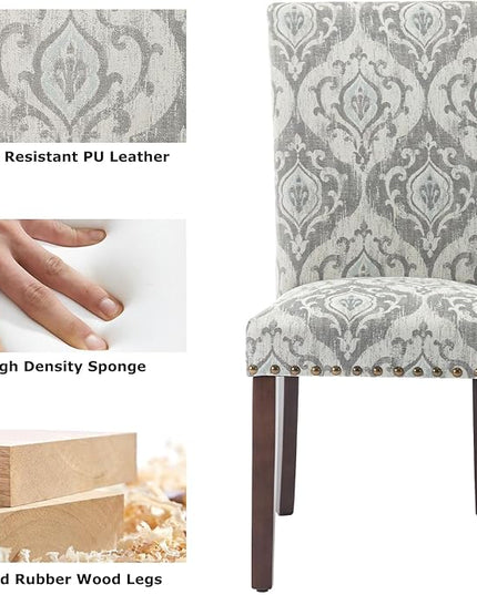 COLAMY Upholstered Parsons Dining Chairs Set of 6, Fabric Dining Room Kitchen Side Chair with Nailhead Trim and Wood Legs - Grey/White Flower - LeafyLoom