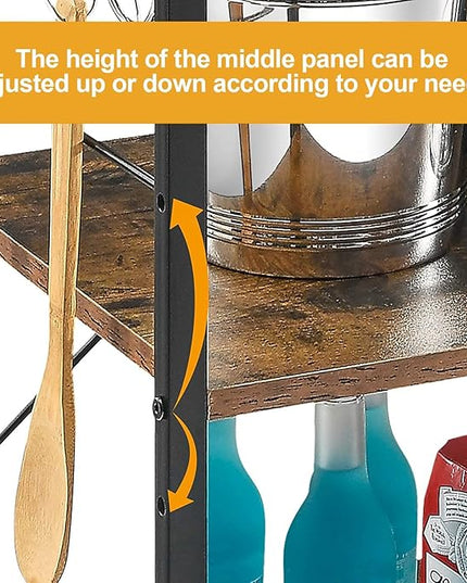 Mr IRONSTONE Baker's Rack, Kitchen Microwave Cart, Coffee Bar Table Station, 3-Tier Kitchen Utility Storage Shelf with Rolling Wheels Coffee Cart Kitchen Microwave Stand with 10 Hooks, Rustic Brown - LeafyLoom