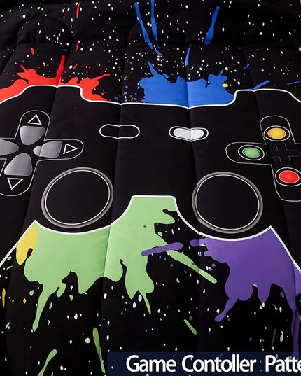 Gamer Comforter Sets Full Size for Boys Teen,Game Controller Colorful Comforter with 2 Pillowcases,Soft Microfiber Video Gaming 3 Piece Bedding Set for Game Lovers,All Season(Black,Full) - LeafyLoom