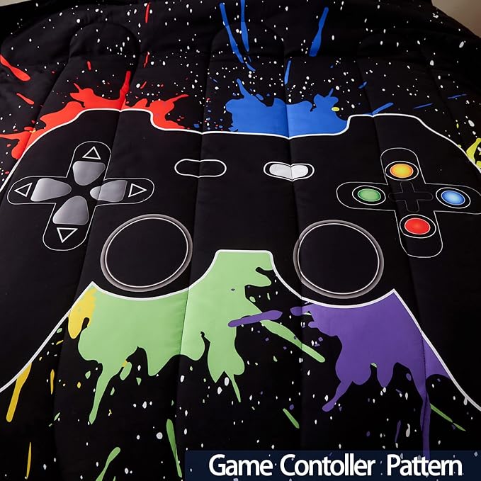 Gamer Comforter Sets Queen Size for Boys Teen,Game Controller Colorful Comforter with 2 Pillowcases, 3 Piece Video Gaming Bedding Set for Game Lovers,All Season(Black,Queen) - LeafyLoom