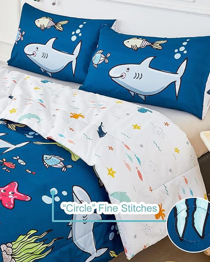 WINLIFE Shark Comforter Set Queen Size for Boys Teen Ocean Themed Fish Turtles Printed Bedding Set, Soft Microfiber Bedding All Season (3Pcs, Queen) - LeafyLoom