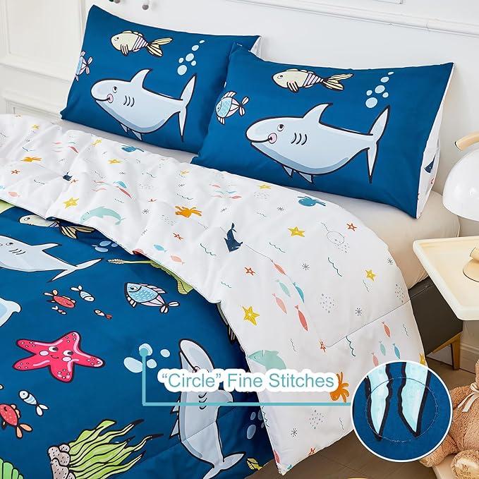 WINLIFE Shark Comforter Set Queen Size for Boys Teen Ocean Themed Fish Turtles Printed Bedding Set, Soft Microfiber Bedding All Season (3Pcs, Queen) - LeafyLoom