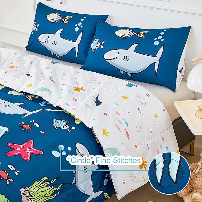 WINLIFE Shark Twin Comforter Set for Boys Blue Ocean Theme Printed Bedding Set, Super Soft and Easy Wash Reversible Kids Bed Set 1 Comforter 2 Pillowcases (3-Pieces, Twin) - LeafyLoom