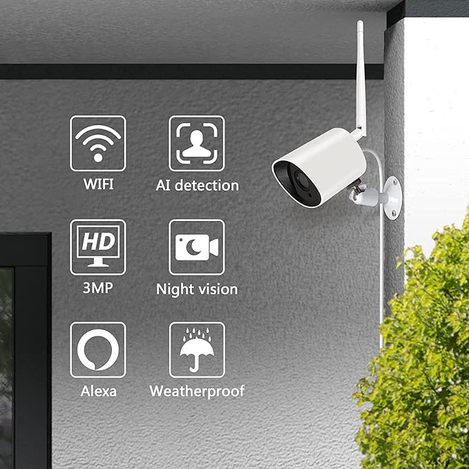 Rraycom 2K WiFi Security Cloud Camera for Outdoor, 3MP Wireless Camera(Plug-in) with Night Vision, Motion Detection, IP66 Waterproof, Cloud Storage, 24/7 Live Video, Compatible with Alexa(2pack) Rraycom