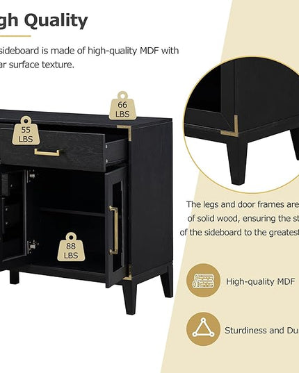 60" Retro Sideboard with 6-Drawer and 2-Cabinet,Multifunctional Buffet,w/Gold Handles & Solid Wood Legs,Extra Large Storage Space,for Kitchen and Living Room,Black - LeafyLoom