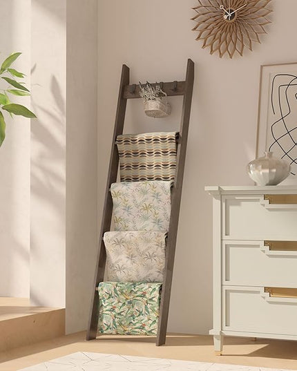 IBUYKE 5-Tier Blanket Ladder Shelf,Ladder Rack for Storage and Decor,Wooden Blanket Holder with Hooks,Easy Assembly for Bedroom,Rustic Brown TTR006G - LeafyLoom