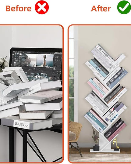 10 Tier Tree Book Shelf, Floor Standing Wood Bookshelf for Narrow Space, Storage Organizer Bookshelves for Books/CDs/Magazine, Bookcase with Shelves for Home Office, Living Room - White - LeafyLoom