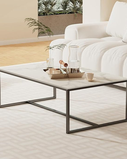 Wisfor Sintered Stone Coffee Table: White Sofa Side Table with Black Metal Frame for Living Room, 39.4x23.6x15.7 Inch - LeafyLoom