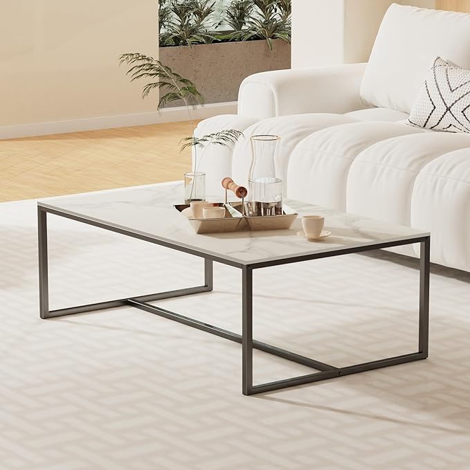 Wisfor Sintered Stone Coffee Table: White Sofa Side Table with Black Metal Frame for Living Room, 39.4x23.6x15.7 Inch - LeafyLoom