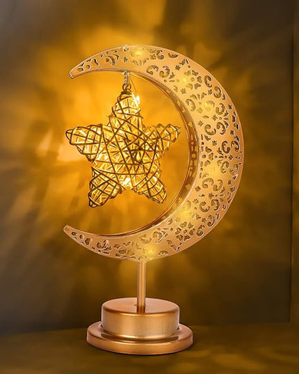 HEDAQI Enchanted Lunar Star Table Lamp, Cordless Battery Operated LED Crescent Moon Light, Hanging Star Lamp Decorative Night Light Home Bedroom Decor - LeafyLoom