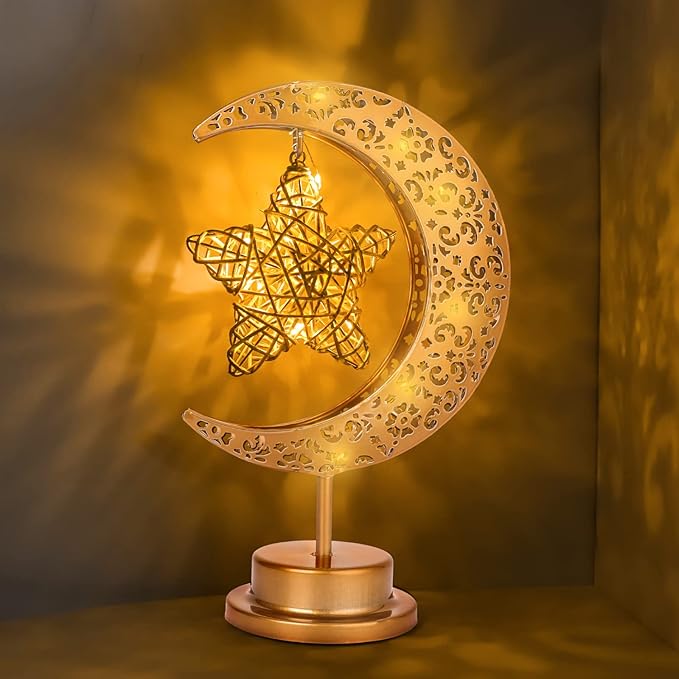 HEDAQI Enchanted Lunar Star Table Lamp, Cordless Battery Operated LED Crescent Moon Light, Hanging Star Lamp Decorative Night Light Home Bedroom Decor - LeafyLoom