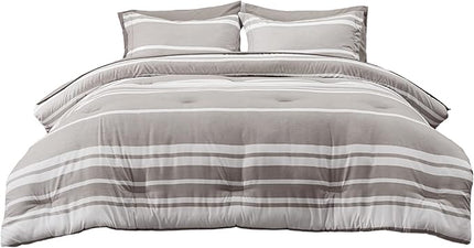 Bedsure Bed in a Bag King 7 Pieces, Warm Taupe White Striped Bedding Comforter Sets All Season Bed Set, 2 Pillow Shams, Flat Sheet, Fitted Sheet and 2 Pillowcases - LeafyLoom