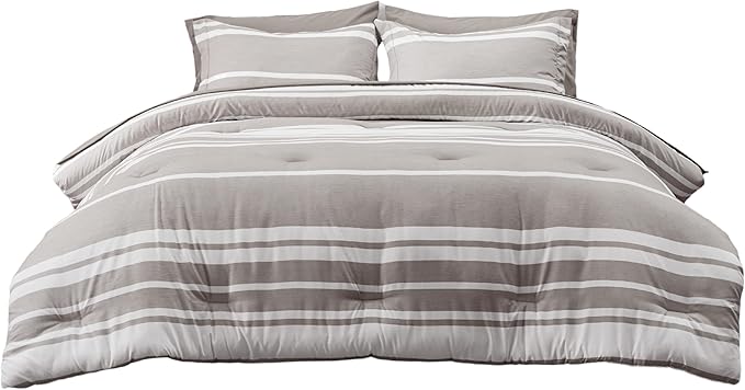 Bedsure Full Size Bedding Sets 7 Pieces, Warm Taupe White Striped Bedding Comforter Sets All Season Bed Set, 2 Pillow Shams, Flat Sheet, Fitted Sheet and 2 Pillowcases - LeafyLoom