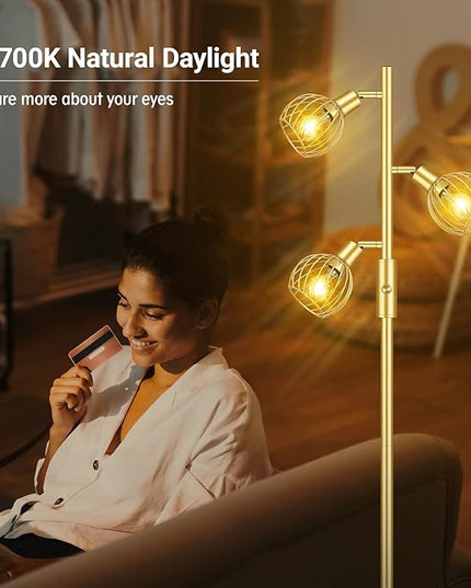 Gold Floor Lamp, Industrial Floor Lamp, Modern Standing lamp with 3 Adjustable Light, 4W E12 LED Bulbs, Metal Stand Up Lamps, Vintage Farmhouse Tree Floor Lamps for Living Room/Bedroom/Office - LeafyLoom