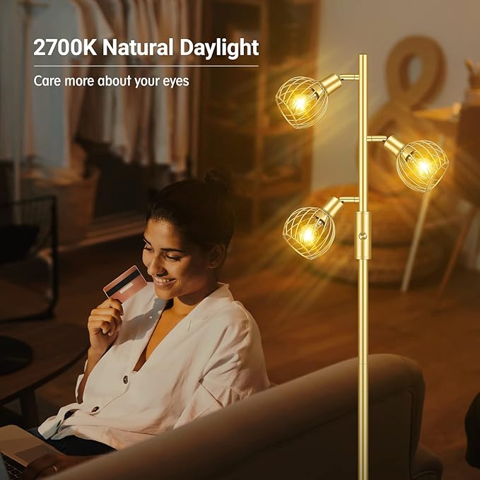 Gold Floor Lamp, Industrial Floor Lamp, Modern Standing lamp with 3 Adjustable Light, 4W E12 LED Bulbs, Metal Stand Up Lamps, Vintage Farmhouse Tree Floor Lamps for Living Room/Bedroom/Office - LeafyLoom