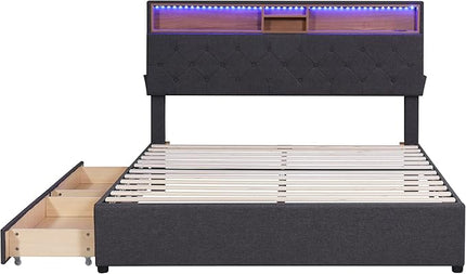 Queen Size Bed Frame with LED Headboard, USB Charging, Upholstered Platform Bed with Storage Drawers and Headboard, No Box Spring Needed, Dark Gray - LeafyLoom